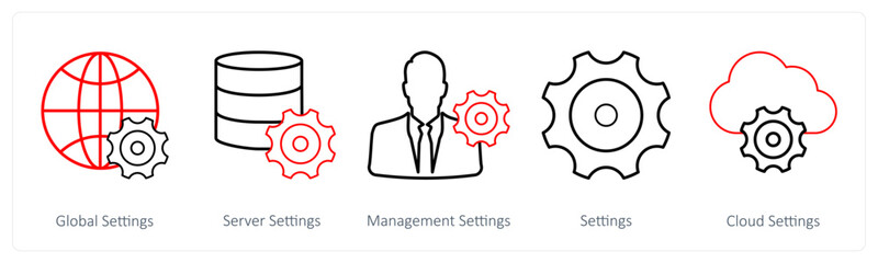 A set of 5 mix icons as global settings, server settings, management settings