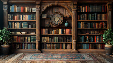 Blurred bookshelf background.Bookshelf in Library with antique books. 3d rendering.