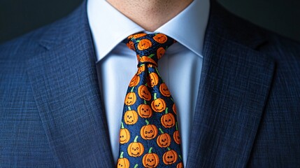 Whimsical Thanksgiving tie with smiling pumpkins and turkey characters.