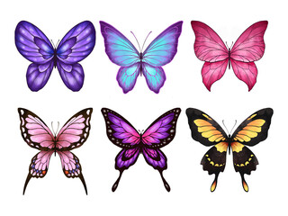 Obraz premium Butterfly Collection Illustration Set. Beautiful Watercolor Tropical Moths Isolated on White Background. Flying Cute Insects with Colorful Wings