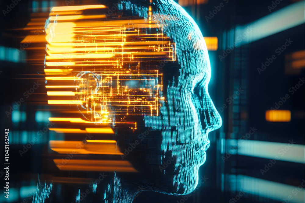 Poster a futuristic digital head with dynamic neon lines and data streams, symbolizing artificial intellige