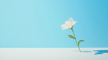 Single white flower casting shadow on blue surface, minimal design background