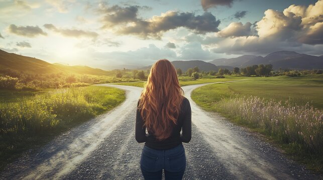 woman in front of two roads thinking deciding hoping for best taking chance. 