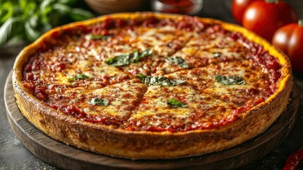 Freshly baked chicago-style deep-dish pizza is presented on a wooden serving board