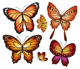Butterfly Collection Illustration Set. Beautiful Watercolor Tropical Moths Isolated on White Background. Flying Cute Insects with Colorful Wings