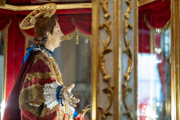 Festival of Sant'Efisio in Cagliari, Sardinia. The statue of Saint Effisio in  Sant'Efisio's Church, in the old part of town.