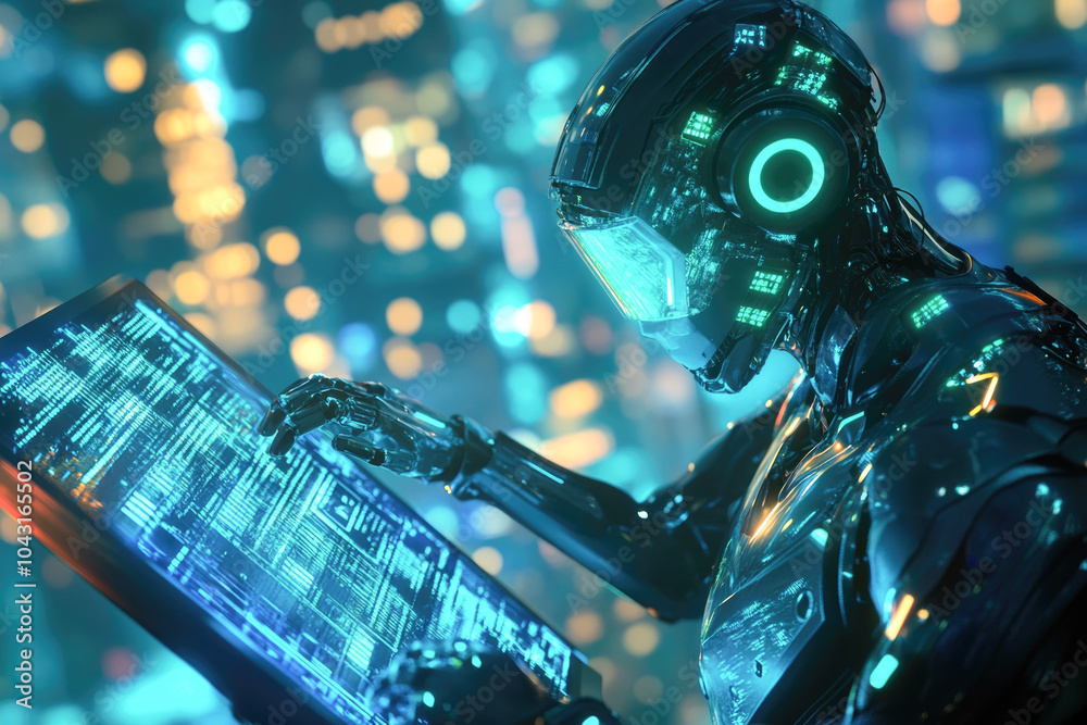 Wall mural futuristic robot analyzing digital data on a transparent touchscreen in a neon cityscape