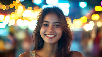 Obraz premium A young woman with a radiant smile stands in front of vibrant bokeh lights at night