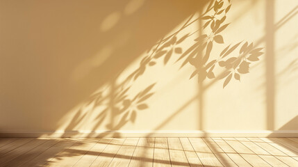 Warm sunlight casting leaf shadows on a beige wall.  Empty copy space for design 