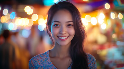 Obraz premium A young woman with a radiant smile stands in front of vibrant bokeh lights at night