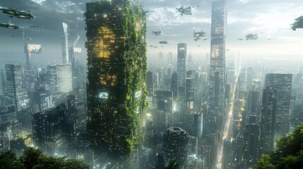A futuristic cityscape with a large skyscraper covered in vegetation,  with flying vehicles in the sky.