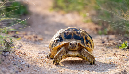 Obraz premium Leopard Tortoise Walking on a Sandy Path in the Afternoon Sun and Copy Space