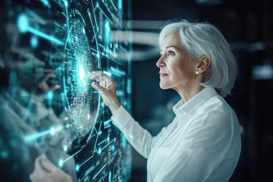 Elderly woman interacting with futuristic digital interface in modern tech environment
