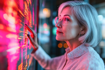 Focused senior woman analyzing data on interactive digital screen in glowing neon light