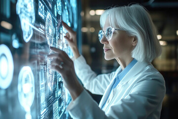 Innovative senior scientist using futuristic touchscreen in cutting-edge laboratory environment