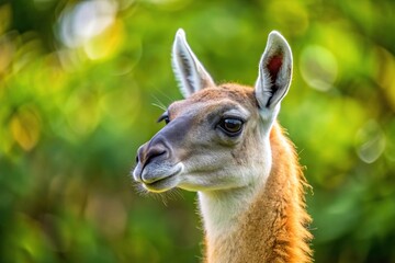 Obraz premium Guanaco Lama guanicoe staring into the camera with a green out of focus background