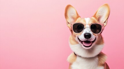 A cheerful corgi wearing sunglasses against a pink background, exuding a playful vibe.