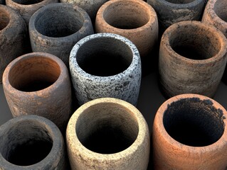 A close-up view of various clay pots, showing the texture and color variations.