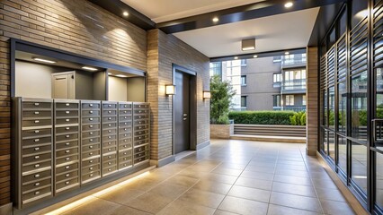 Hall of modern multifamily building entrance with metal mailboxes in a residential building hall with depth of field