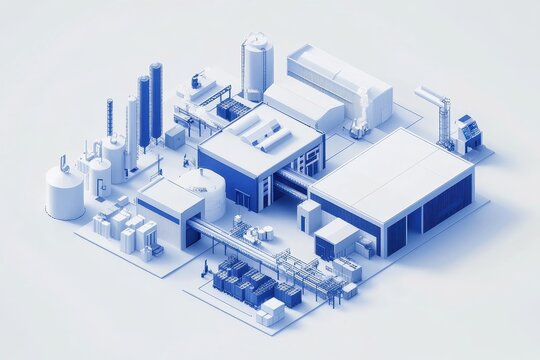 blue factory isometric view, industrial buildings clip art preview