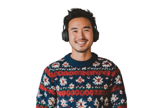 Smiling Asian man in Christmas sweater and headphones isolated on a transparent background