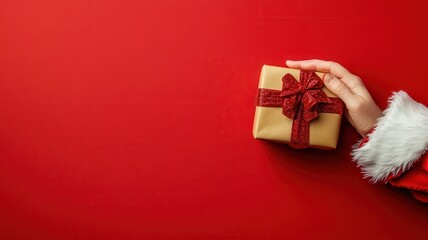 Hand of santa claus holding red christmas gift on red background,Santa Claus gloved hand with giftbox in Christmas day,Black Friday, Sales,Giving Gift concept,copy space.