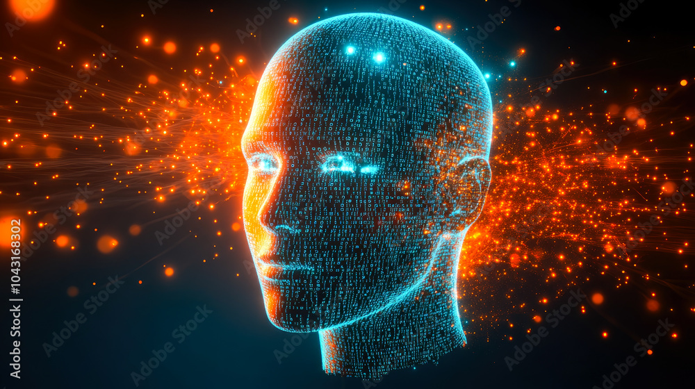 Poster a digital human head surrounded by vivid sparks and binary code, symbolizing the connection between 