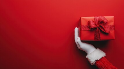 Hand of santa claus holding red christmas gift on red background,Santa Claus gloved hand with giftbox in Christmas day,Black Friday, Sales,Giving Gift concept,copy space.