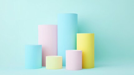 Cylinders podiums of pastel colours, clean blue background. Aesthetic product template. Generative AI