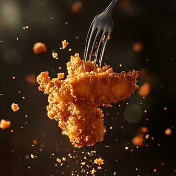 Crispy Golden Chicken Kicker Levitating on a Fork in Spicy Temptation