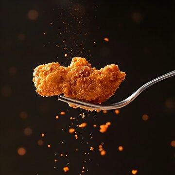 Crispy Golden Chicken Kicker Impaled on a Fork Amid Spicy Crackling