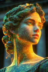 A vibrant portrait of a sculpture with cybernetic golden tones, blending classic beauty with futuristic digital elements.