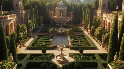 A grand garden with perfectly sculpted hedges and an elegant fountain, symbolizing opulence and a life of luxury