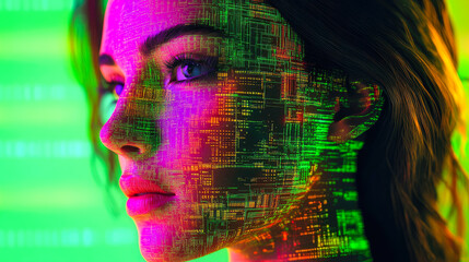 An ethereal digital face overlaid with bright neon circuit lines, symbolizing the interface of humanity and technology.