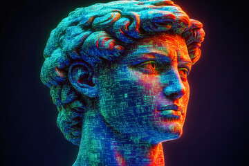 A digital interpretation of a classical bust, infused with glowing circuitry, evoking a futuristic technological essence.