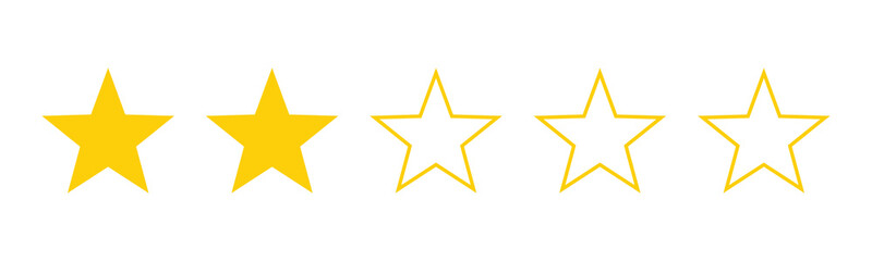 Obraz premium Two out of five stars customer product review icon. Yellow 2 star rating feedback for website, app, ui design. PNG Transparent