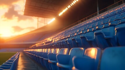 Naklejka premium Sunset Illuminates the Grandstands of a Soccer Stadium with Blue Seats