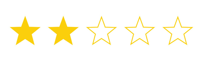 Two out of five stars customer product review icon. Yellow 2 star rating feedback for website, app, ui design. Vector illustration.