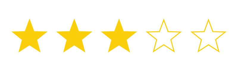 Three out of five stars customer product review icon. Yellow 3 star rating feedback for website, app, ui design. Vector illustration.