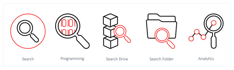 A set of 5 mix icons as search, programming, search drive