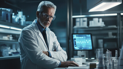 Experienced scientist analyzing data in modern laboratory with advanced technology equipment
