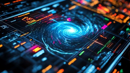 Fototapeta premium Futuristic digital interface showing a data vortex, symbolizing the interplay of technology, data analysis, and artificial intelligence.