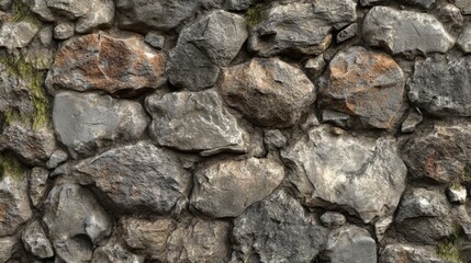 Fototapeta premium Close-up of a weathered stone wall with green moss growing in the cracks.
