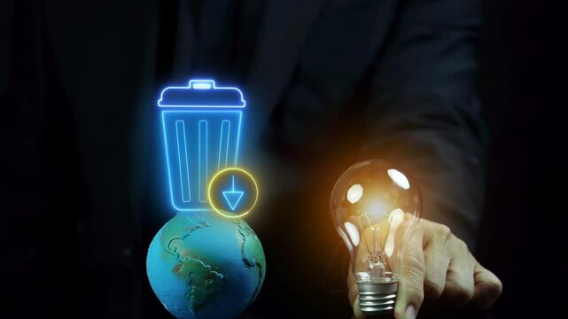 Waste Reduction icon, Sustainable business concept. Green business for environmental protection and eco sustainability in an organization. Rubbish bin icon with down arrow above planet earth model.