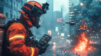Firefighter operates drones for emergency response in urban disaster scene