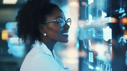 Innovative scientist analyzing data on futuristic digital screen in laboratory