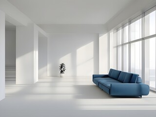 minimalist living room with clean lines and neutral tones, featuring a modern colored sofa