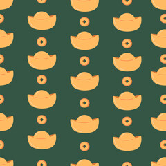 Traditional Chinese coins and Yuanbao on green background. Seamless pattern elements for Chinese New Year. Symbol of wealth and prosperity.