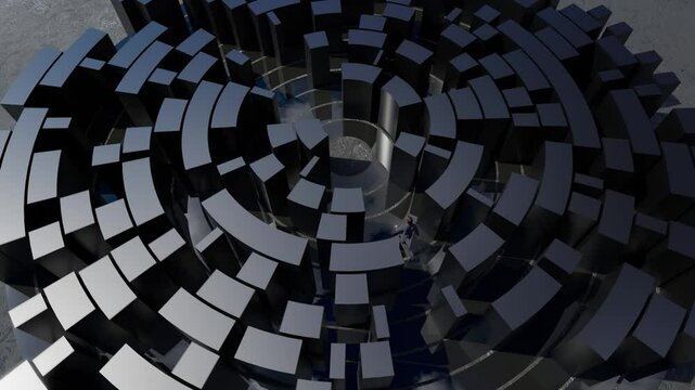 3d rendered animation of a man walking into an arrangement of black opaque objects arranged in a circle.  The objects could represent resources that can be drawn on or challenges to be avoided.
