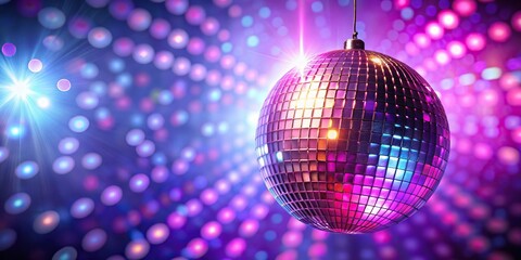 Hanging disco ball with pink and purple lights in shallow depth of field